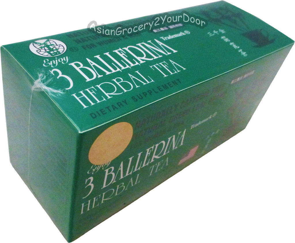 3 Ballerina Herbal Tea box, green packaging showing Enjoy 3 BALLERINA branding